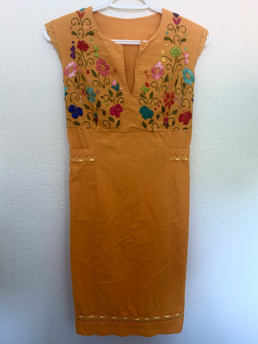Embroidered Mexican Mustard Sleeveless Dress